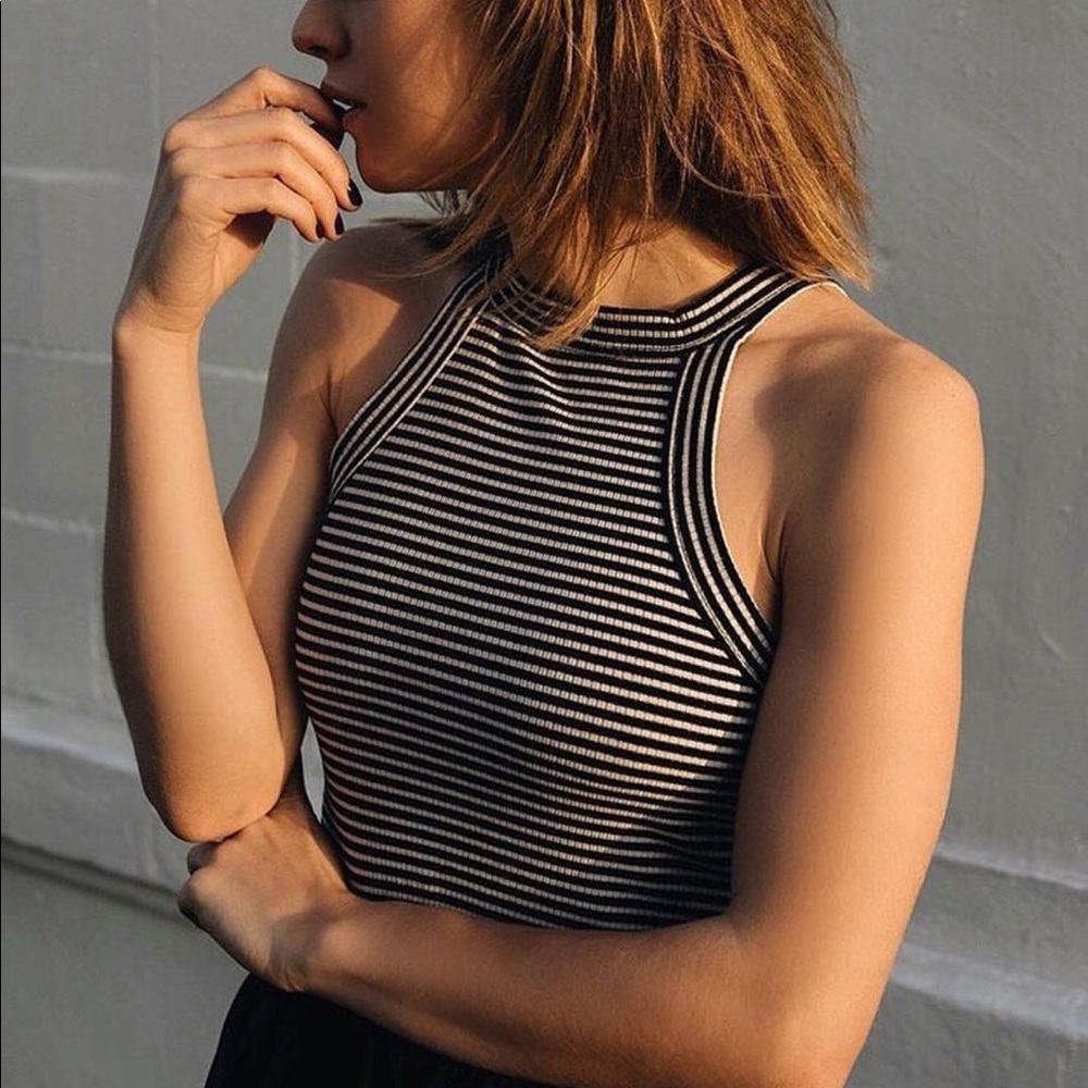 Black and White Striped High Neck Crop Tank